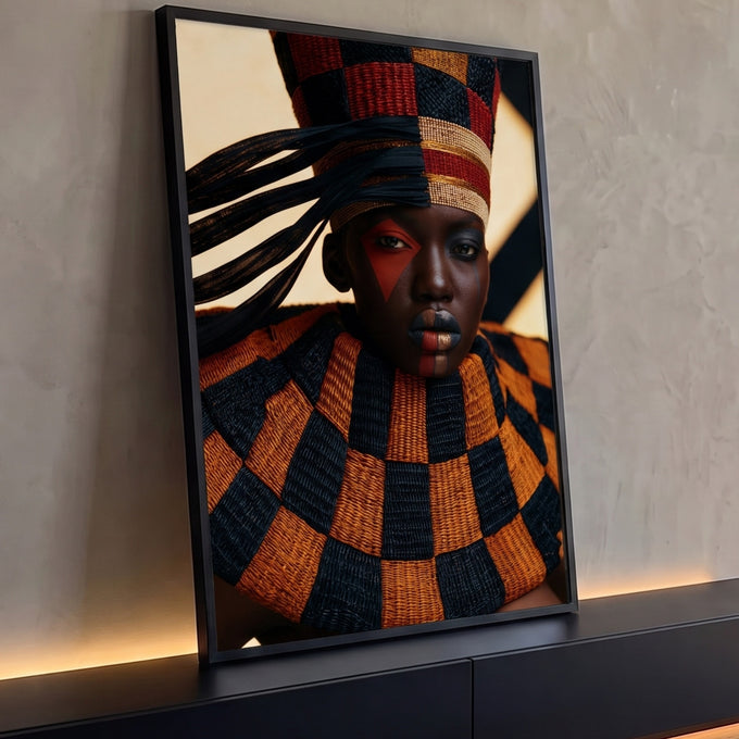 Quadro Decorativo Retrato Africano com Tocado Tribal | quadros decorativos para sala | retrato de mulher com tocado tribal tecido em vermelho preto e dourado e maquiagem gráfica | Porao dos Quadros