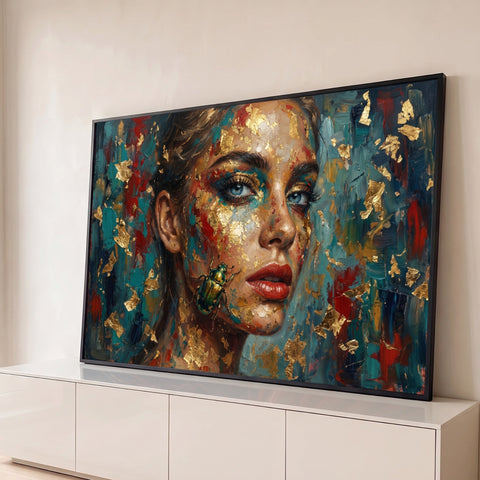 Rosto de mulher de olhos azuis com folhas de ouro, lábios vermelhos e besouro verde, quadro decorativo