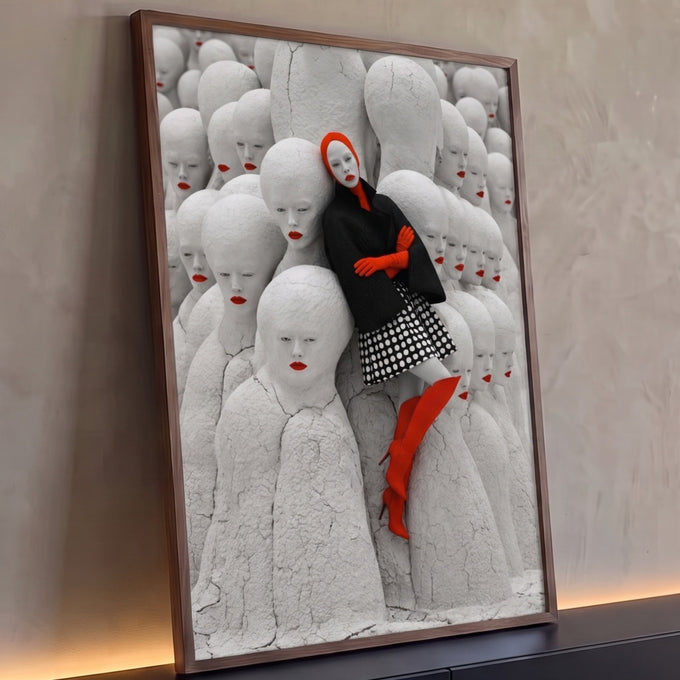 Mulher de casaco preto e botas vermelhas entre estátuas brancas de lábios vermelhos, quadro decorativo