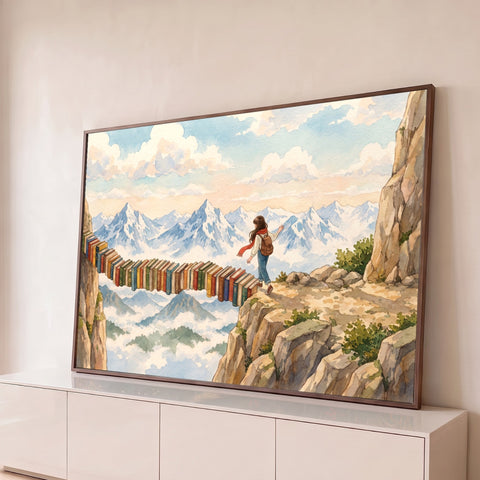 Jovem com mochila atravessa ponte de livros sobre nuvens e montanhas nevadas em aquarela, quadro decorativo
