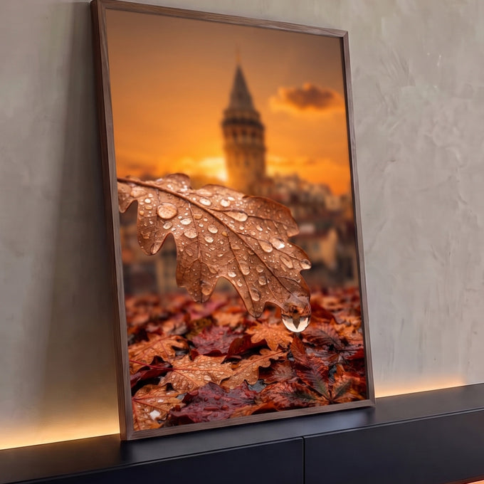 Folha de outono com gotas de chuva, gota refletindo torre ao pôr do sol laranja, quadro decorativo
