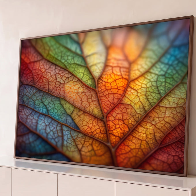 Fotografia macro de folha com nervuras em degradê laranja, vermelho, verde e azul, quadro decorativo