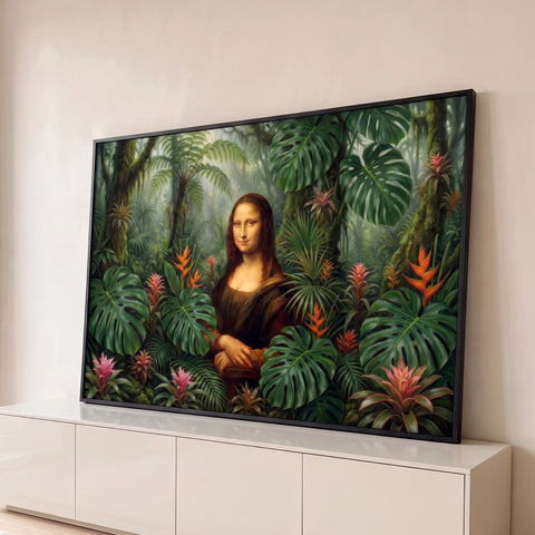 Mona Lisa cercada por folhas de monstera, bromélias e helicônias em floresta tropical, quadro decorativo