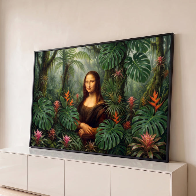 Quadro Decorativo Grande Mona Lisa Verde para Sala | quadros decorativos para sala | retrato estilo Mona Lisa cercado por folhagens tropicais verdes e flores coloridas | Porao dos Quadros