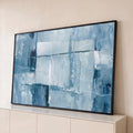 Quadro Decorativo Grande Abstrato e Branco para Sala Azul | quadros decorativos para sala | pintura abstrata em blocos de azul, branco e cinza com linhas finas sobrepostas | Porao dos Quadros
