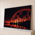 Quadro Decorativo Grande Lua de Lava para Sala Preto | quadros decorativos para sala | lua em padrão de lava vermelha sobre floresta e lago refletido à noite | Porao dos Quadros