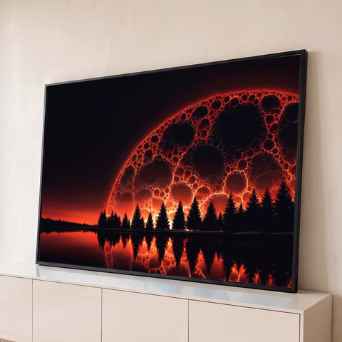 Lua gigante vermelha com textura fractal atrás de pinheiros em silhueta refletidos no lago, quadro decorativo
