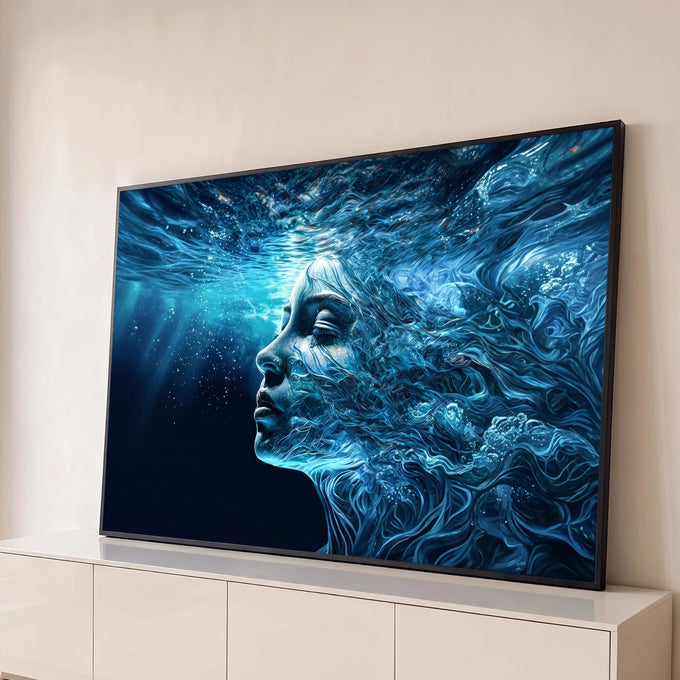 Perfil de mulher de olhos fechados submersa, cabelos virando ondas azuis no fundo do mar, quadro decorativo