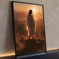 Quadro Decorativo Jesus Cristo Contemplando o Pôr do Sol | quadros decorativos para sala | Jesus de manto branco caminha em colina ao pôr do sol dourado | Porao dos Quadros