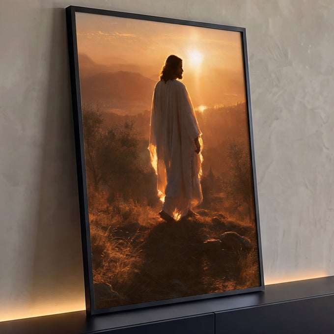 Quadro Decorativo Jesus Cristo Contemplando o Pôr do Sol | quadros decorativos para sala | Jesus de manto branco caminha em colina ao pôr do sol dourado | Porao dos Quadros