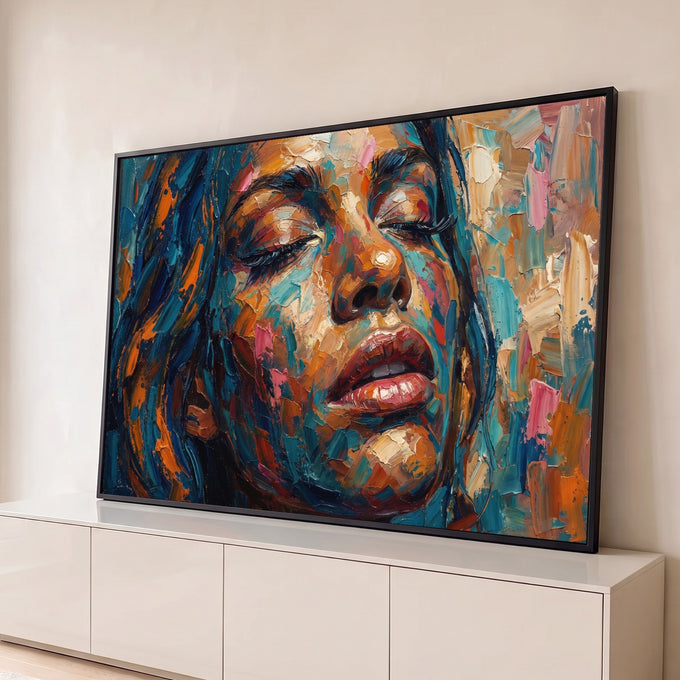 Rosto de mulher de olhos fechados em pintura a óleo com espátula em azul e laranja, quadro decorativo