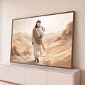 Jesus Bom Pastor de costas carregando cordeiro no ombro em deserto geométrico bege, quadro decorativo