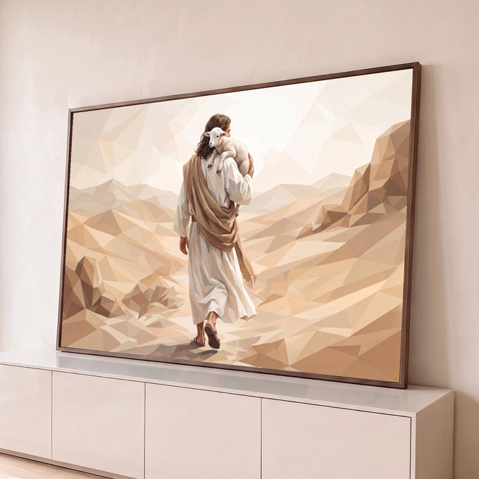 Jesus Bom Pastor de costas carregando cordeiro no ombro em deserto geométrico bege, quadro decorativo