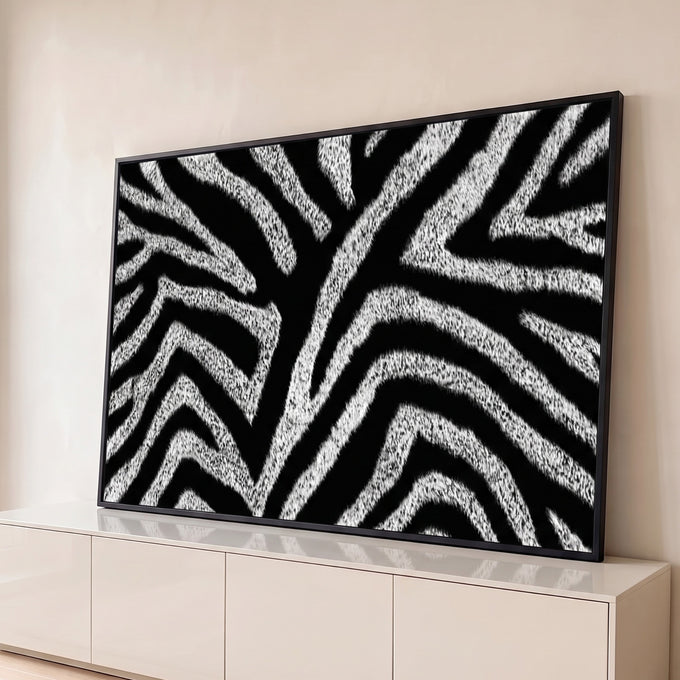 Quadro Decorativo Grande Textura de Zebra para Sala Preto | quadros decorativos para sala | textura de pelagem de zebra em preto e branco com listras em zigue-zague | Porao dos Quadros