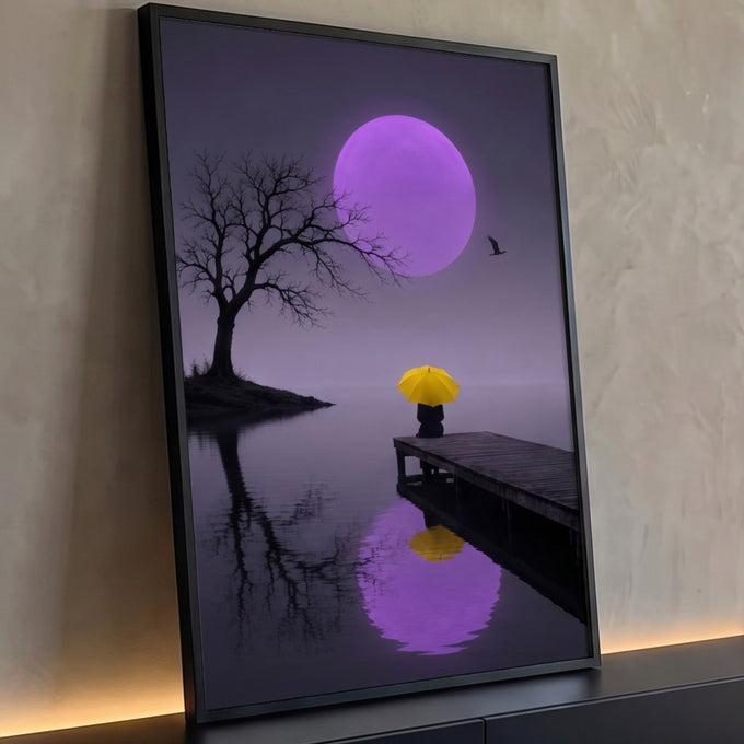 Lua roxa, árvore seca e pessoa com guarda-chuva amarelo no píer refletidos no lago, quadro decorativo