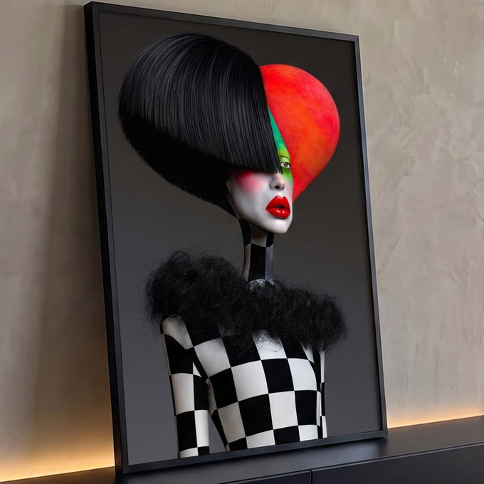 Mulher surreal de cabelo preto, batom vermelho e roupa xadrez preto e branco, quadro decorativo