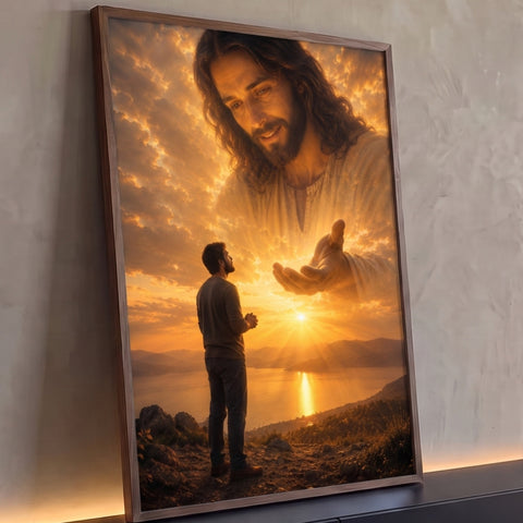 Jesus nas nuvens ao pôr do sol estendendo a mão a homem orando à beira do lago, quadro decorativo
