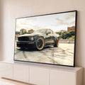 Mustang preto com rodas bronze sobre marcas de pneu em terraço urbano ao entardecer, quadro decorativo