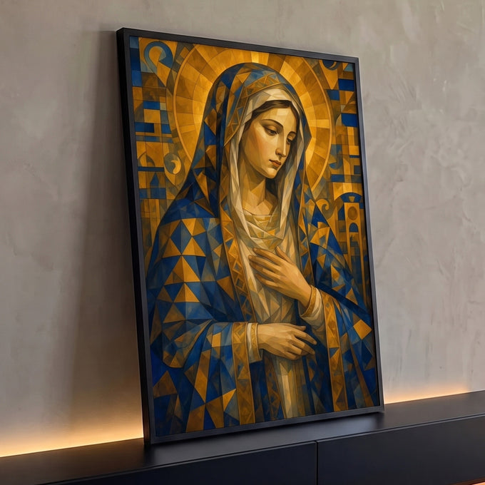 Quadro Decorativo Grande Nossa Senhora Véu para Sala | quadros decorativos para sala | Nossa Senhora em mosaico geométrico azul e dourado com mão sobre o peito | Porao dos Quadros