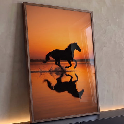 Silhueta de cavalo galopando na água ao pôr do sol laranja, com reflexo no lago, quadro decorativo