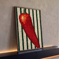 Quadro Decorativo Pimenta Vermelha em Mosaico com Fundo | quadros decorativos para sala | pimenta vermelha em estilo mosaico sobre fundo listrado bege e verde escuro | Porao dos Quadros