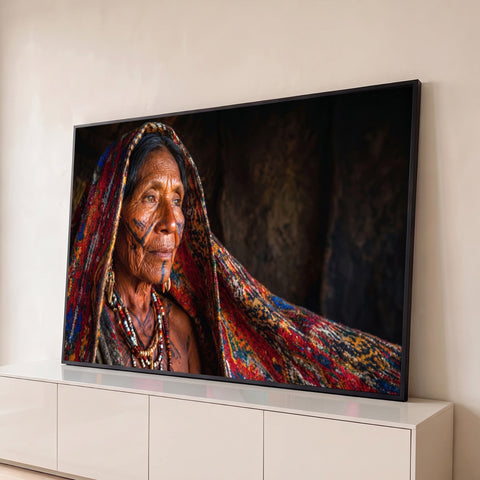 Anciã indígena com pintura facial, colares de contas e xale vermelho tecido em fundo escuro, quadro decorativo