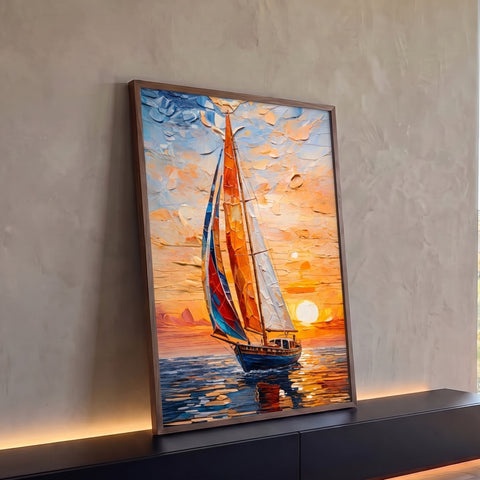 Veleiro de velas coloridas navegando no mar ao pôr do sol em pintura impasto laranja, quadro decorativo