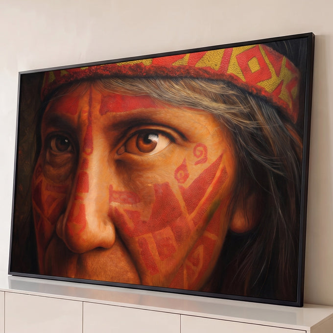 Rosto de ancião indígena com pintura facial tribal vermelha e faixa geométrica na cabeça, quadro decorativo
