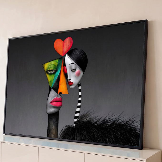 Casal surreal com rostos geométricos coloridos e coração vermelho sobre fundo cinza, quadro decorativo