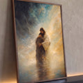 Quadro Decorativo Grande Jesus Abraçando Dourado para Sala | quadros decorativos para sala | Jesus abraçando uma pessoa em manto escuro, fundo abstrato azul e dourado | Porao dos Quadros
