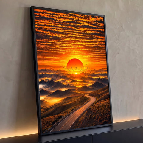 Sol laranja se pondo sobre montanhas com névoa, bando de pássaros e estrada sinuosa, quadro decorativo