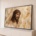 Jesus Cristo com coroa de espinhos e olhos fechados, pinceladas a óleo em tons bege, quadro decorativo