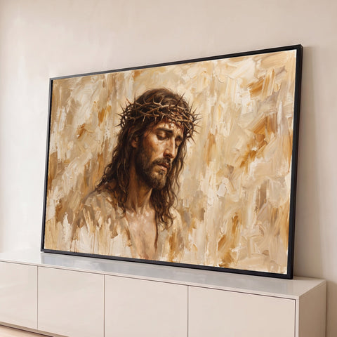 Jesus Cristo com coroa de espinhos e olhos fechados, pinceladas a óleo em tons bege, quadro decorativo