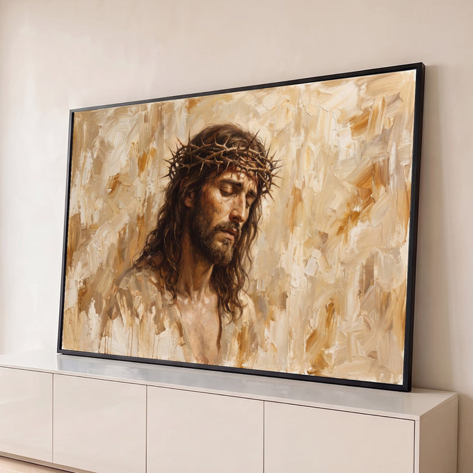 Jesus Cristo com coroa de espinhos e olhos fechados, pinceladas a óleo em tons bege, quadro decorativo