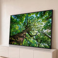 Tronco de árvore com musgo visto de baixo, copa verde e céu azul entre os galhos, quadro decorativo