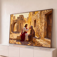 Quadro Decorativo Grande Jesus Cura o Cego para Sala Dourado - Borda Infinita / 65x100cm