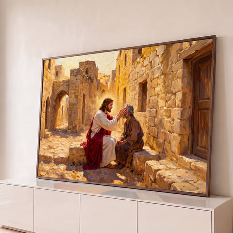 Jesus de túnica branca e manto vermelho curando um cego em rua de pedra dourada, quadro decorativo