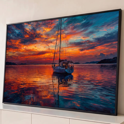 Veleiro ancorado em mar calmo sob céu de pôr do sol laranja e azul, com reflexo na água, quadro decorativo
