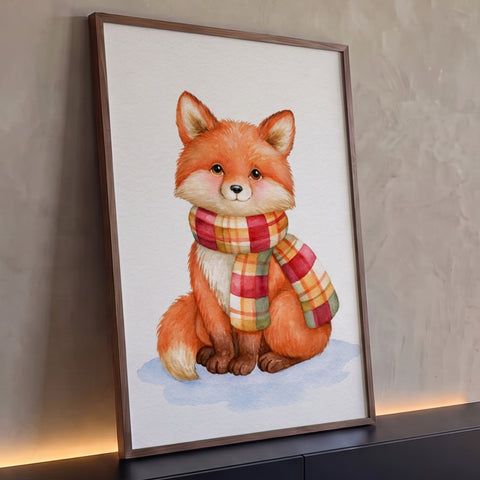 Raposinha laranja em aquarela sentada na neve usando cachecol xadrez colorido, quadro decorativo