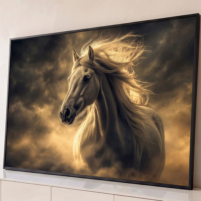 Cavalo branco de crina esvoaçante entre nuvens escuras e luz dourada, quadro decorativo