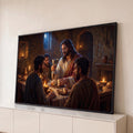 Quadro Decorativo Grande Última Ceia Pão para Sala Marrom | quadros decorativos para sala | Última Ceia com Jesus segurando cálice e pão partido à luz de velas noturnas | Porao dos Quadros