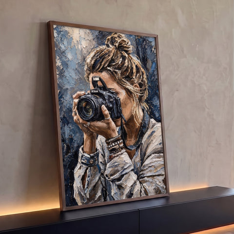 Mulher de coque fotografando com câmera em pintura impasto azul e branca, quadro decorativo