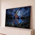 Quadro Decorativo Grande Guerreiro com Espada para Sala Azul | quadros decorativos para sala | guerreiro com capacete prateado erguendo espada sob lua cheia à beira de um lago | Porao dos Quadros