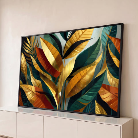 Folhas tropicais estilizadas em dourado, verde-escuro e terracota com nervuras marcadas, quadro decorativo