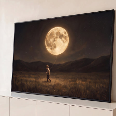 Menino caminhando no campo segurando a lua cheia como balão sob céu estrelado, quadro decorativo