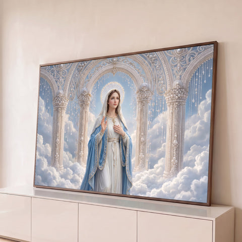 Nossa Senhora de manto azul e véu branco entre nuvens e arcos de pérolas, auréola dourada, quadro decorativo