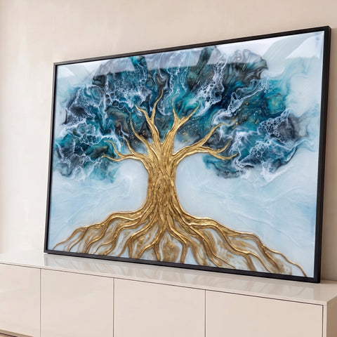 Quadro Decorativo Grande Árvore da Vida Azul para Sala | quadros decorativos para sala | árvore dourada estilizada sobre fundo abstrato azul e preto tipo ocean art | Porao dos Quadros