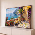 Quadro Decorativo Grande Scooter Amarela para Sala Amarelo | quadros decorativos para sala | scooter amarela em terraço com limoeiro, flores e vista para o mar mediterrâneo | Porao dos Quadros
