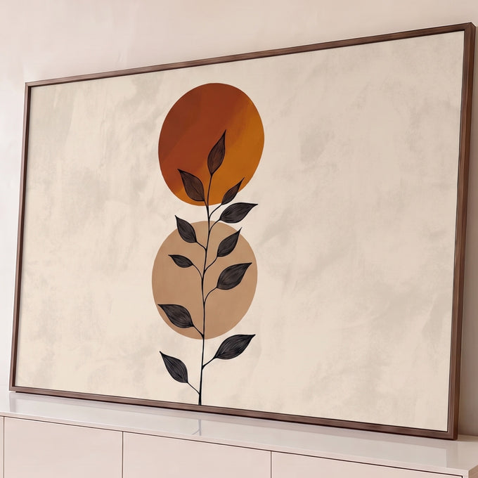Quadro Decorativo Grande Ramo Preto para Sala Laranja | quadros decorativos para sala | ramo preto com folhas sobre dois círculos em tons de laranja e bege | Porao dos Quadros