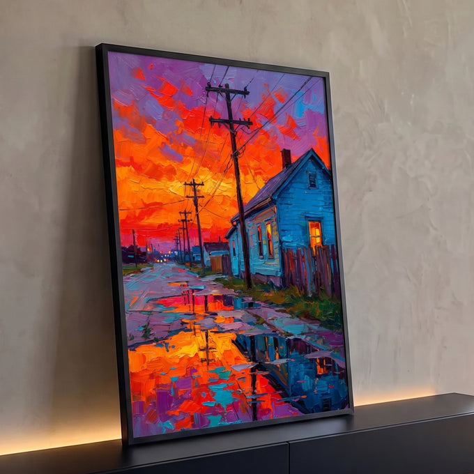 Rua molhada ao pôr do sol com casa azul, postes e céu laranja refletido na poça, quadro decorativo